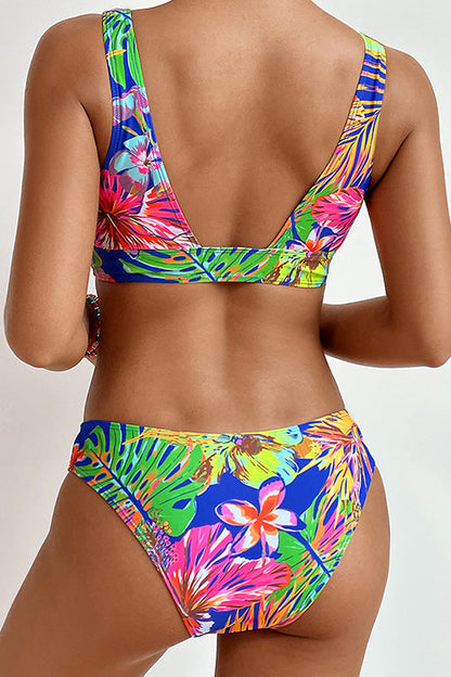 Floral V Neck Backless Split Bikini Set