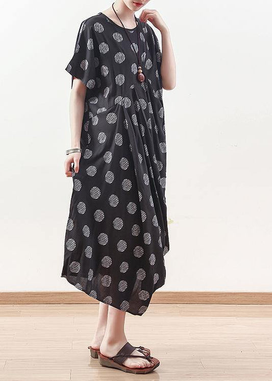French black prints linen dress Casual Sewing draping long summer Dresses