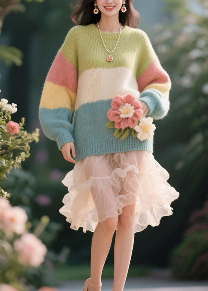 Original Design Colorblock O Neck Floral Knit Pullover Fall
