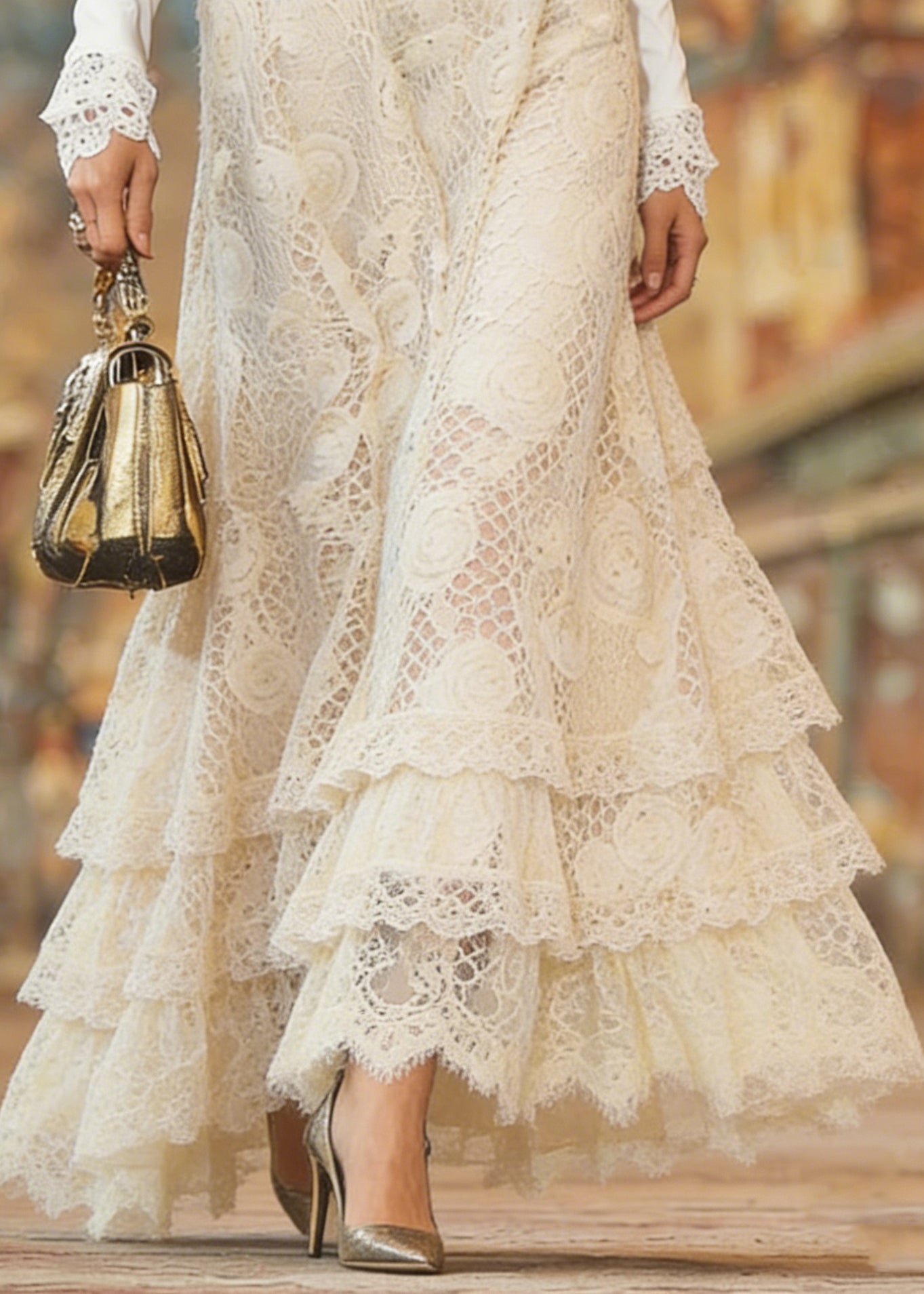 Elegant Beige Elastic Waist Lace Maxi Skirt Spring