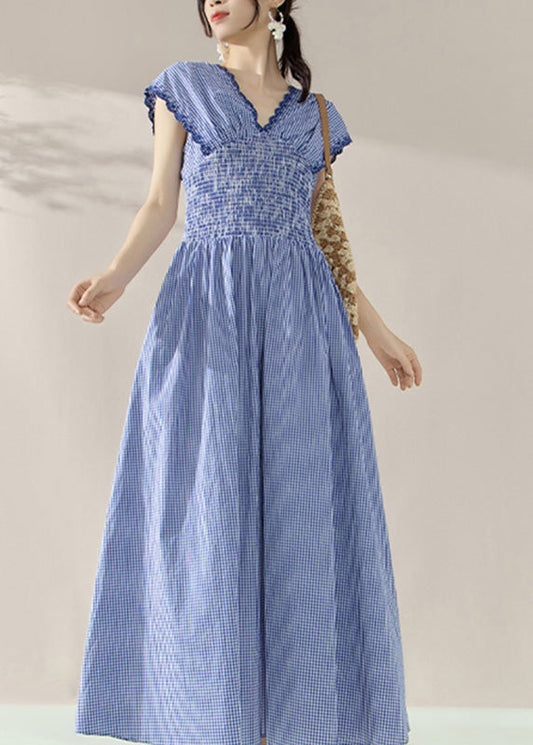 Fitted Blue V Neck Plaid Elastic Waist Holiday Long Dress Summer