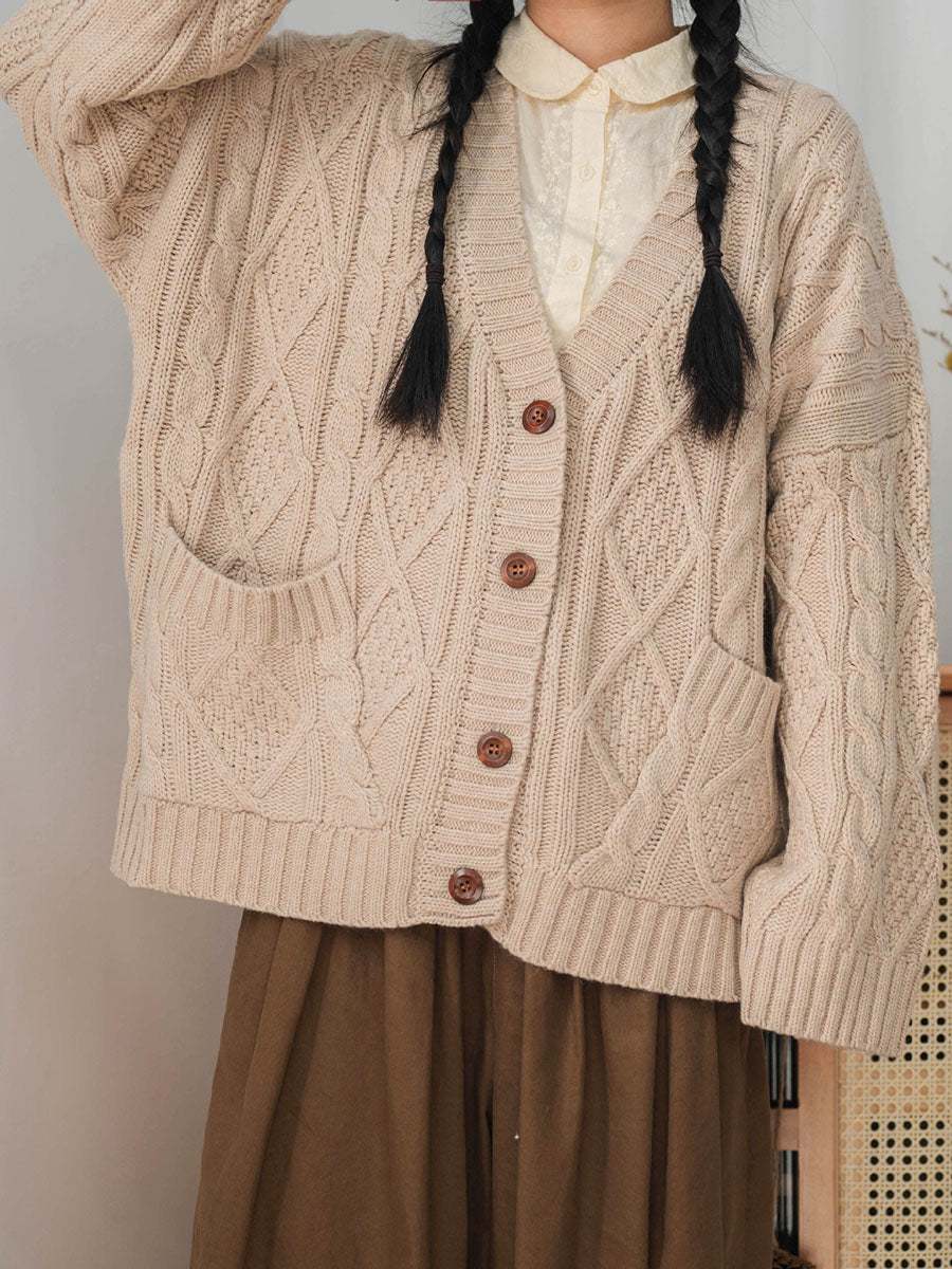 Women Winter Vintage Knitted Button Loose Sweater Cardigan