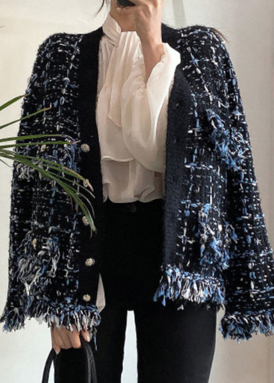 Art Black V Neck Button Pockets Knitted Cotton Coats Fall