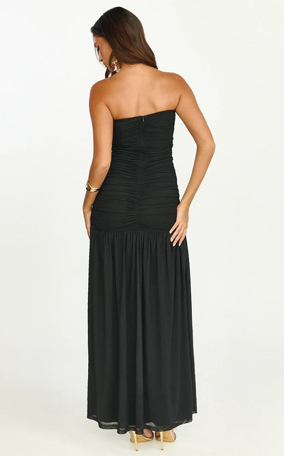 Marguerite Maxi Dress - Strapless Ruched Mesh High Leg Split Dress In Black