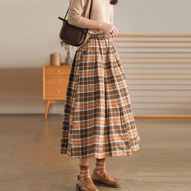 Women Plaid Pocket A-Line Vintage Elastic Waist Skirt