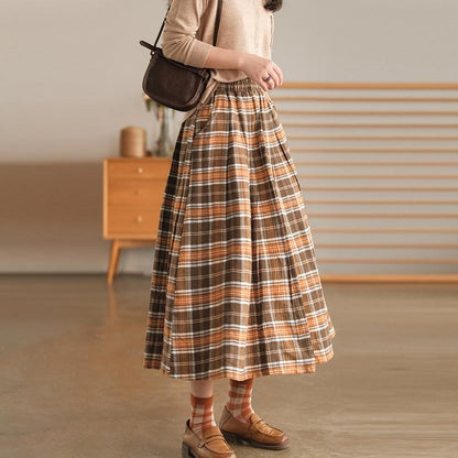 Women Plaid Pocket A-Line Vintage Elastic Waist Skirt
