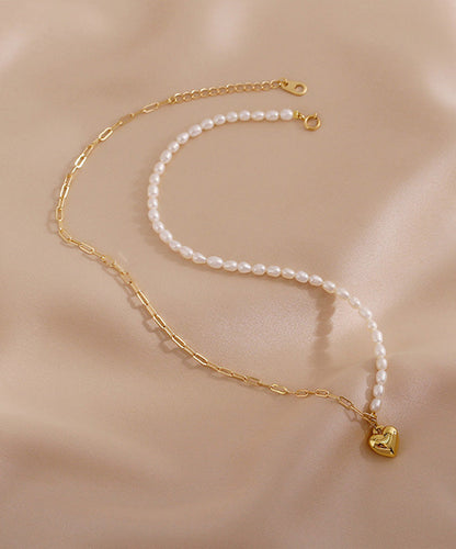 Chic Colorblock 14K Gold Asymmetrical Patchwork Pearl Love Pendant Necklace