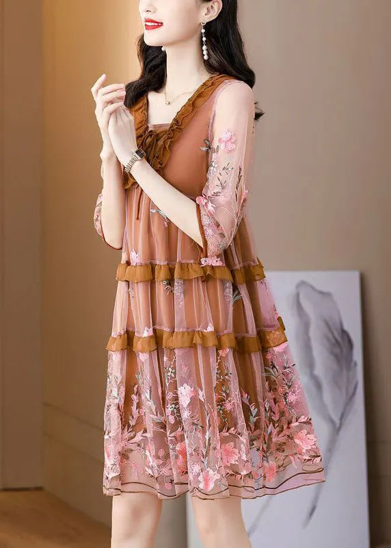 DIY Coffee Embroideried Ruffled Lace Up Organza Dresses Half Sleeve