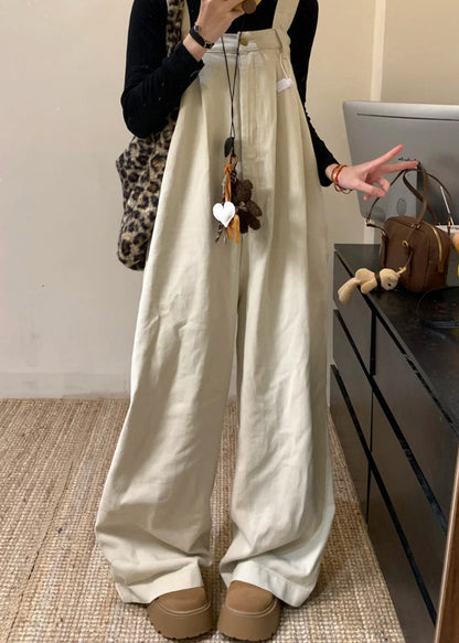 Beige Solid Denim Wide Leg Jumpsuit High Waist Summer