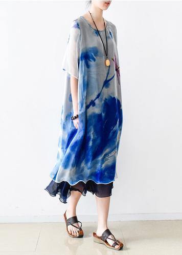 Bohemian o neck pockets chiffon Long Shirts Indian Sleeve blue print Dress Summer