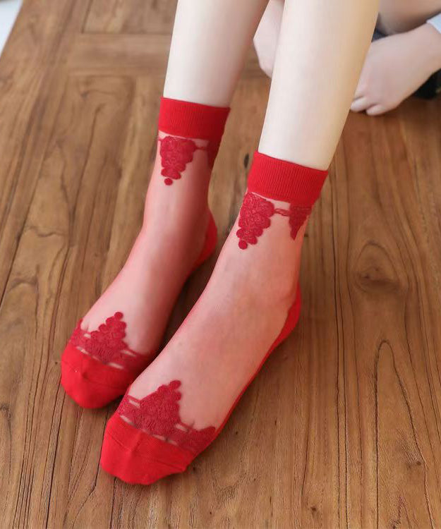 New Red Thin Embroideried Sheer Mesh Crew Socks