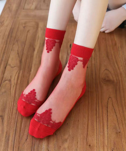 New Red Thin Embroideried Sheer Mesh Crew Socks
