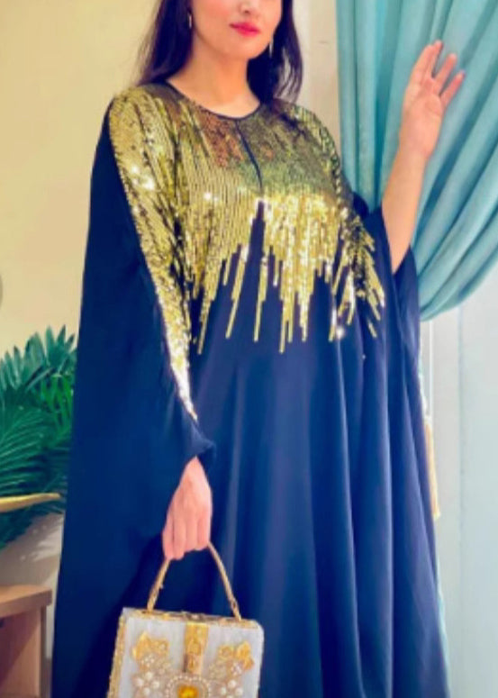 Classy Black Sequins Patchwork Cotton Maxi Dress Batwing Sleeve