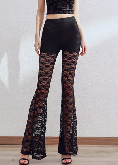 Slim Fit Black Hollow Out Solid Lace Flare Bottoms Summer