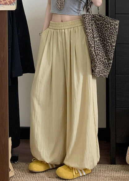 Yellow Solid Loose Cotton Beam Pants Pockets