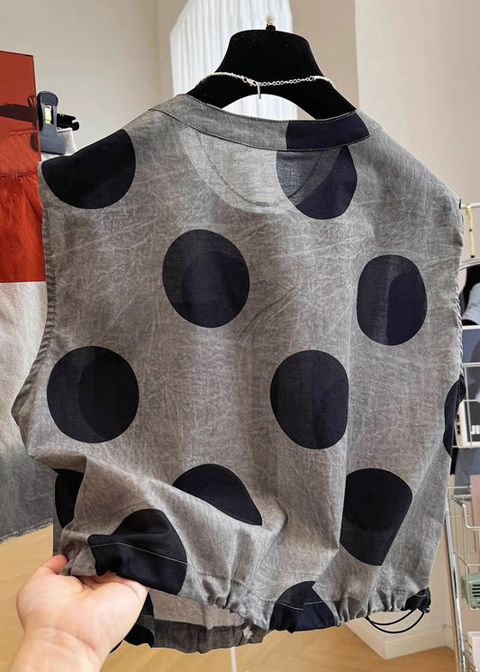 Loose Grey Dot Pockets Drawstring Cotton Waistcoat Sleeveless