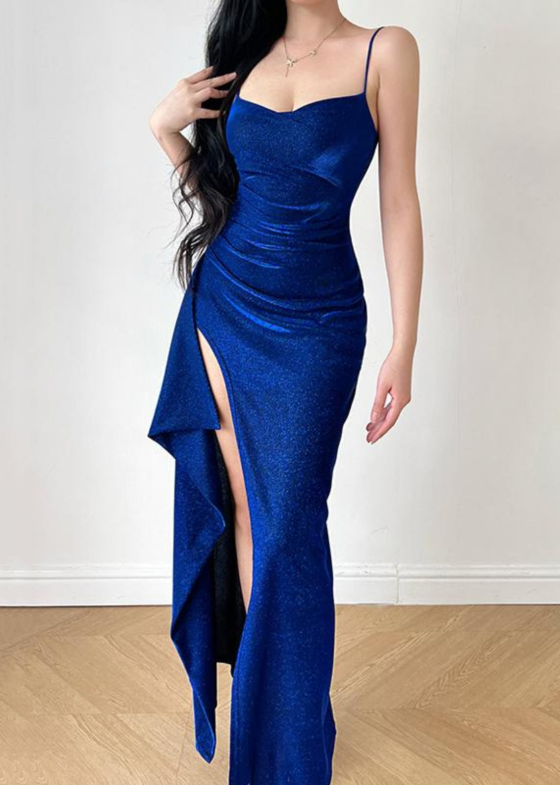 Slim Fit Blue Front Open Solid Spaghetti Strap Dress Sleeveless