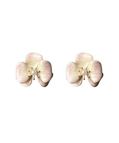 Gradient Color Pink Copper Overgild Pearl Floral Stud Earrings