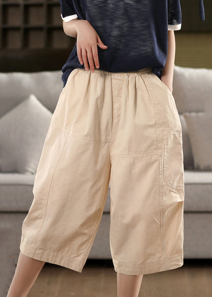 Loose Beige Original Design Elastic Waist Solid Cotton Crop Pants