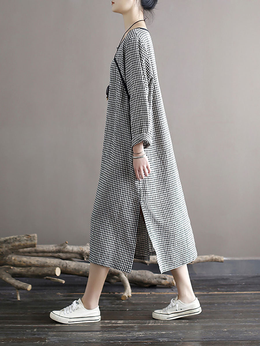 Women Spring National Vintage Plaid Split Hem Dress