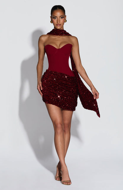 Sexy Tube Top Stitching Sequins Mini Skirt