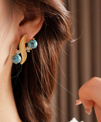 Vintage Gold Alloy Zircon Turquoise Stud Earrings