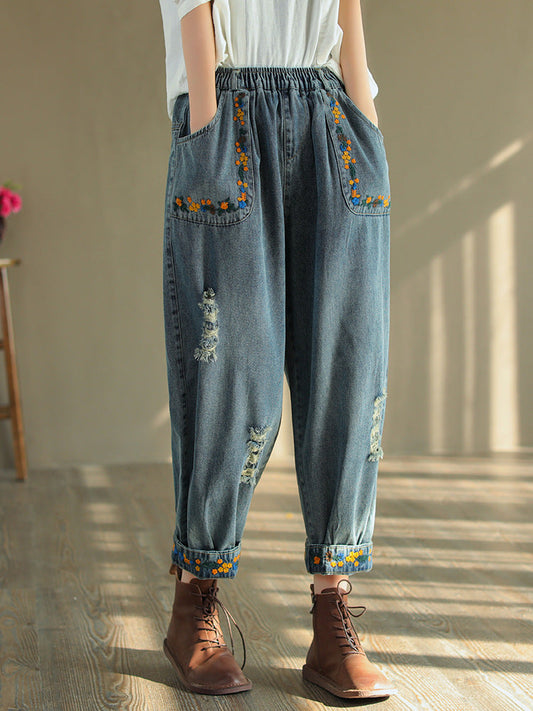 Vintage Ripped Embroidered Denim Harem Pants