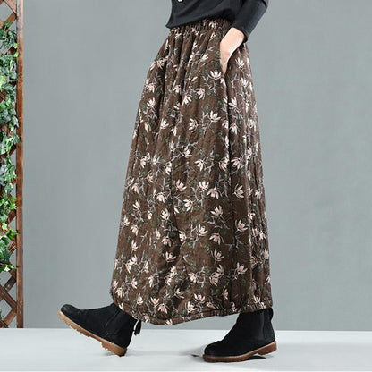Retro Cotton Linen Quilted Thick Print Floral Skirt