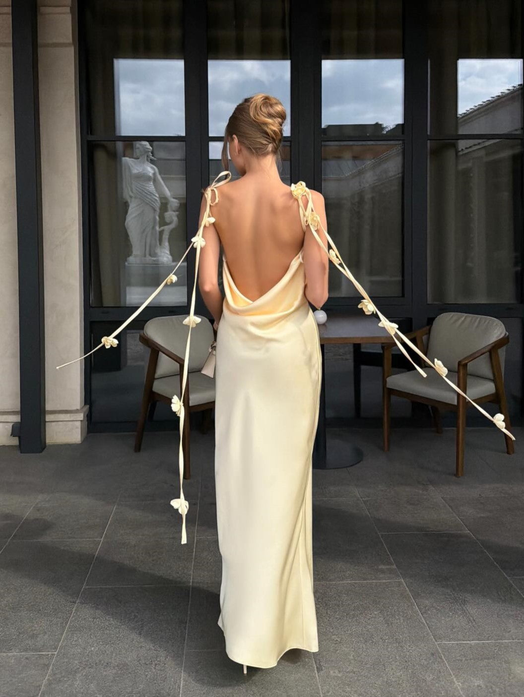 Satin Cowl-Back Open-Back Dress with 3D Flower Straps