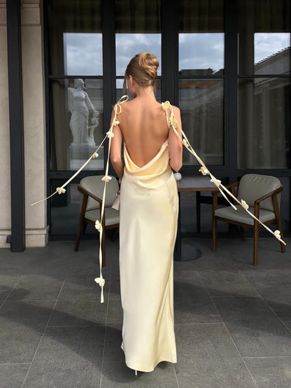 Satin Cowl-Back Open-Back Dress with 3D Flower Straps