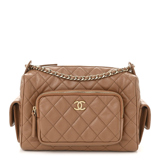 Shiny Crumpled Lambskin Quilted Medium Preppy Pocket Camera Case Brown