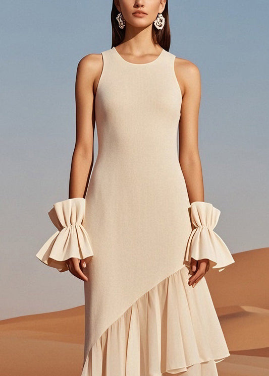 Beautiful Beige O Neck Wrinkled Patchwork Knit Dress Sleeveless