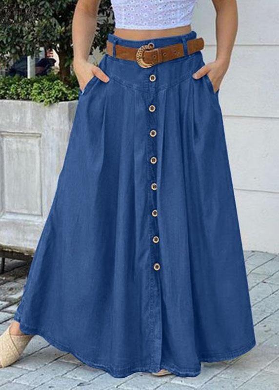 Women Solid Color Print2 Bottom Front Loose Casual Long Skirt With Pocket