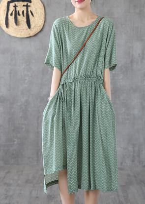 Chic green print linen dresses o neck asymmetric loose summer Dress