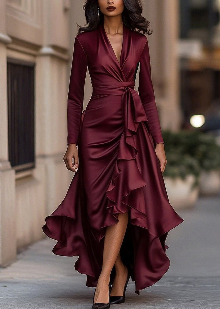 Women Navy Ruffled Asymmetrical Design Silk Dress Spring