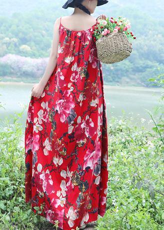 100% red floral linen sleeveless long summer Dresses