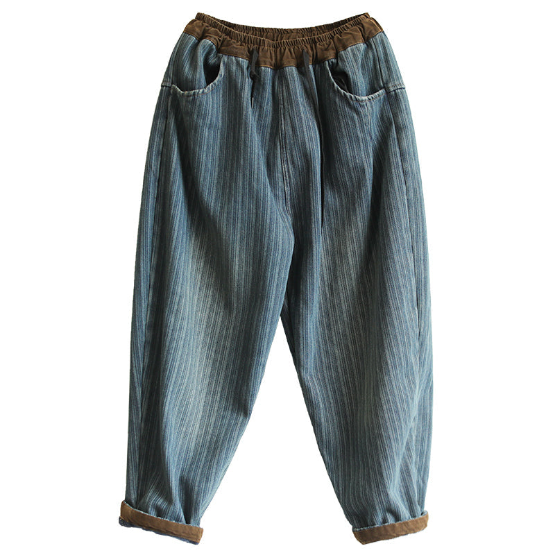 Winter Fashion Patchwork Stripe Furred Harem Jeans
