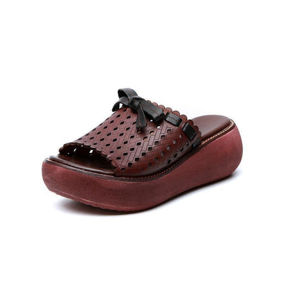 Leather Vintage Hollow Out Wedge Women Casual Slippers