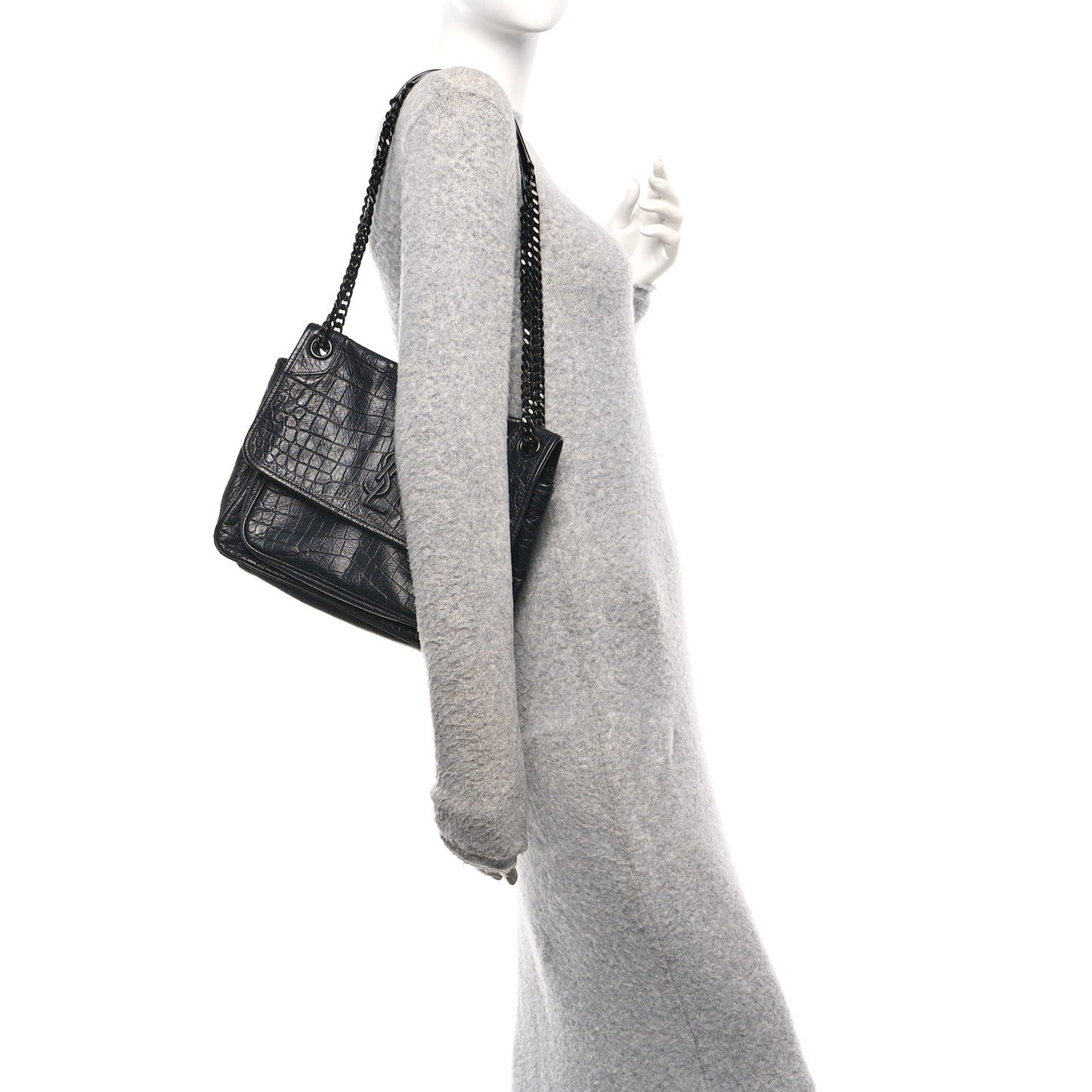 Crocodile Embossed Lambskin Monogram Medium Niki Chain Satchel Black