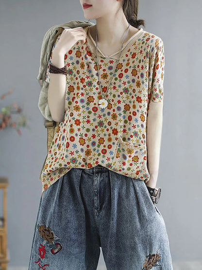 Plus Size - Floral  Knitted Casual Print Pocket Sweater