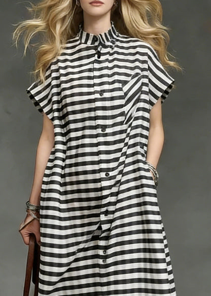 Plus Size Striped Pockets Side Open Cotton Long Dresses Summer