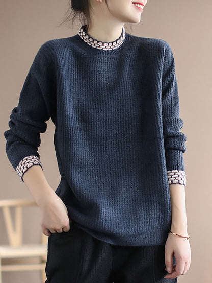Women Vintage Winter Spliced Knitted Loose Sweater