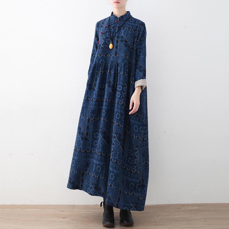 Blue Loose Vintage Button  Linen Print Dress