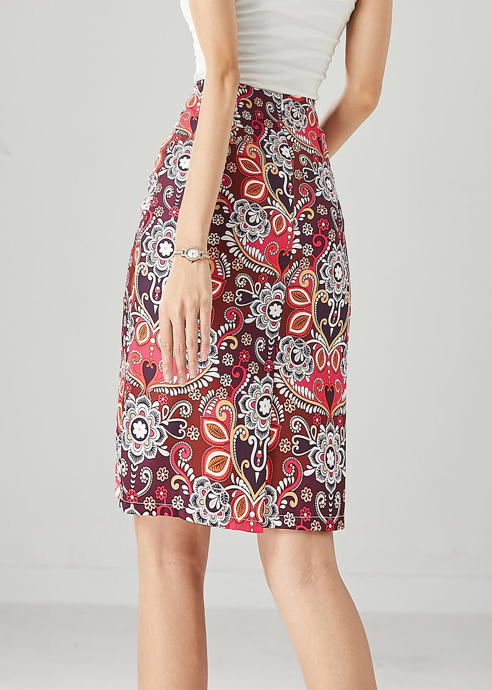 Silm Fit Red High Waist Print Cotton Skirt Fall