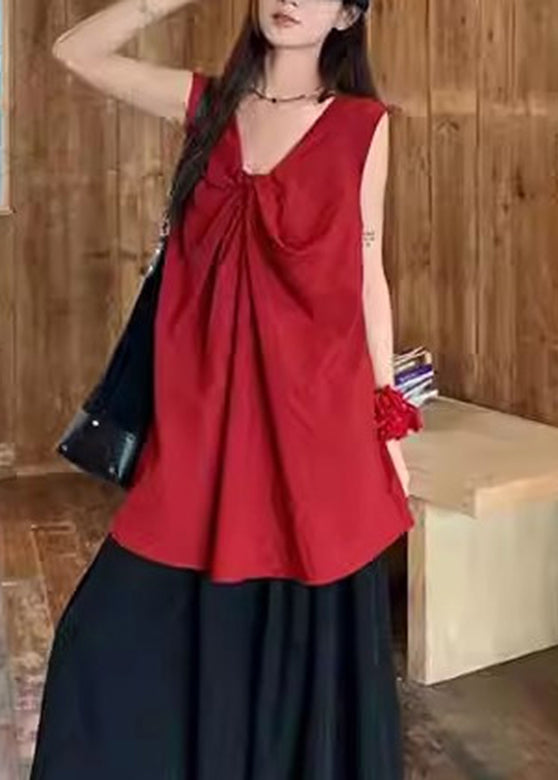 Casual Red V Neck Wrinkled Top Sleeveless