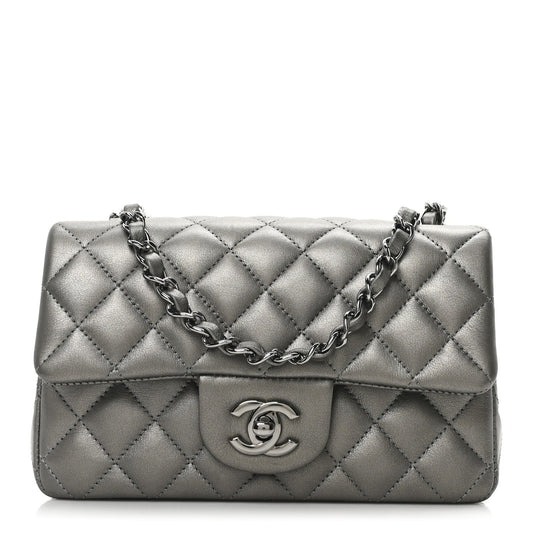 Metallic Lambskin Quilted Mini Rectangular Flap  Dark Grey