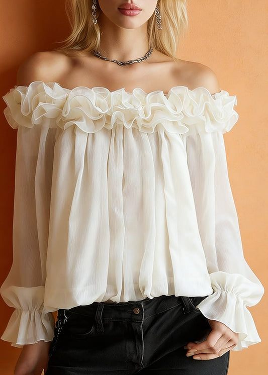 Apricot Ruffled Solid Blouses Slash Neck Spring