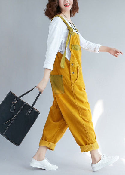 Bohemian Yellow pockets Corduroy ripped Jumpsuits