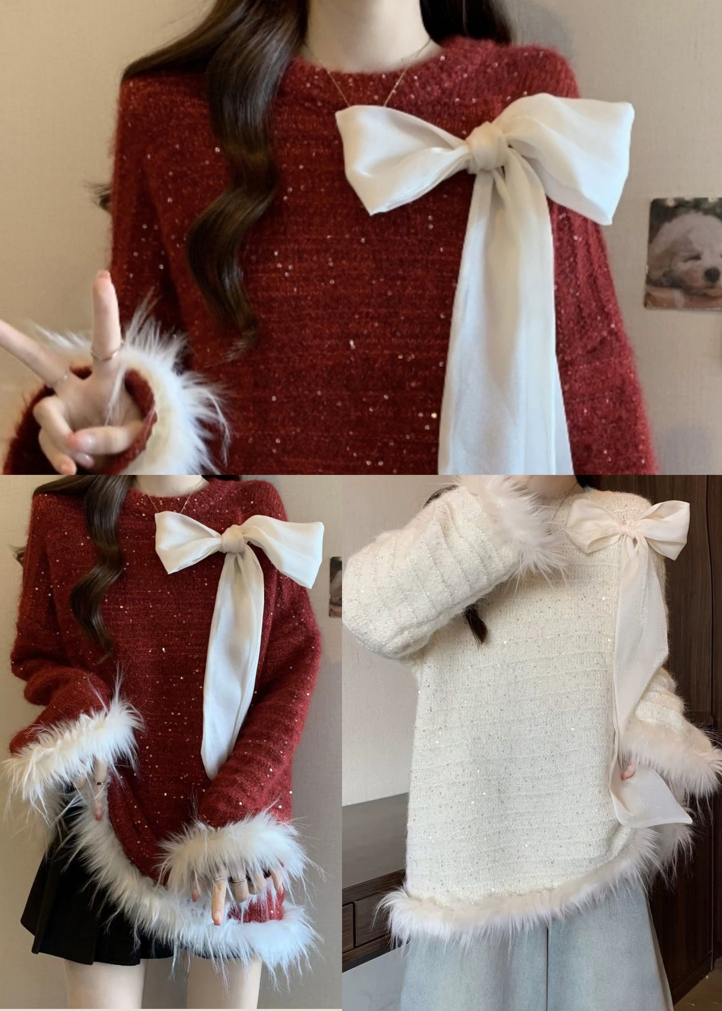 Italian Mulberry Oversized Patchwork Bow Knit Sweater Tops Fall