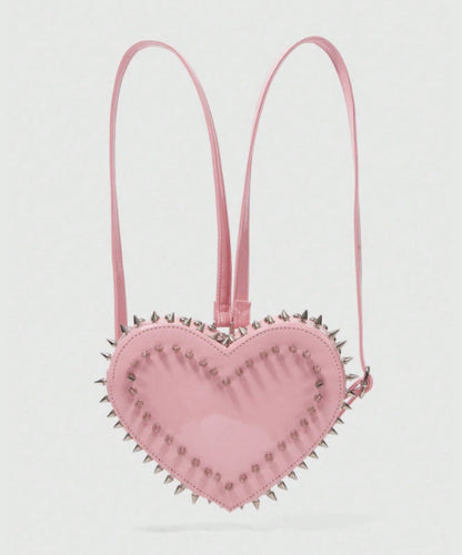 Chic Pink Heart Shape Rivet Faux Leather Backpack Bag